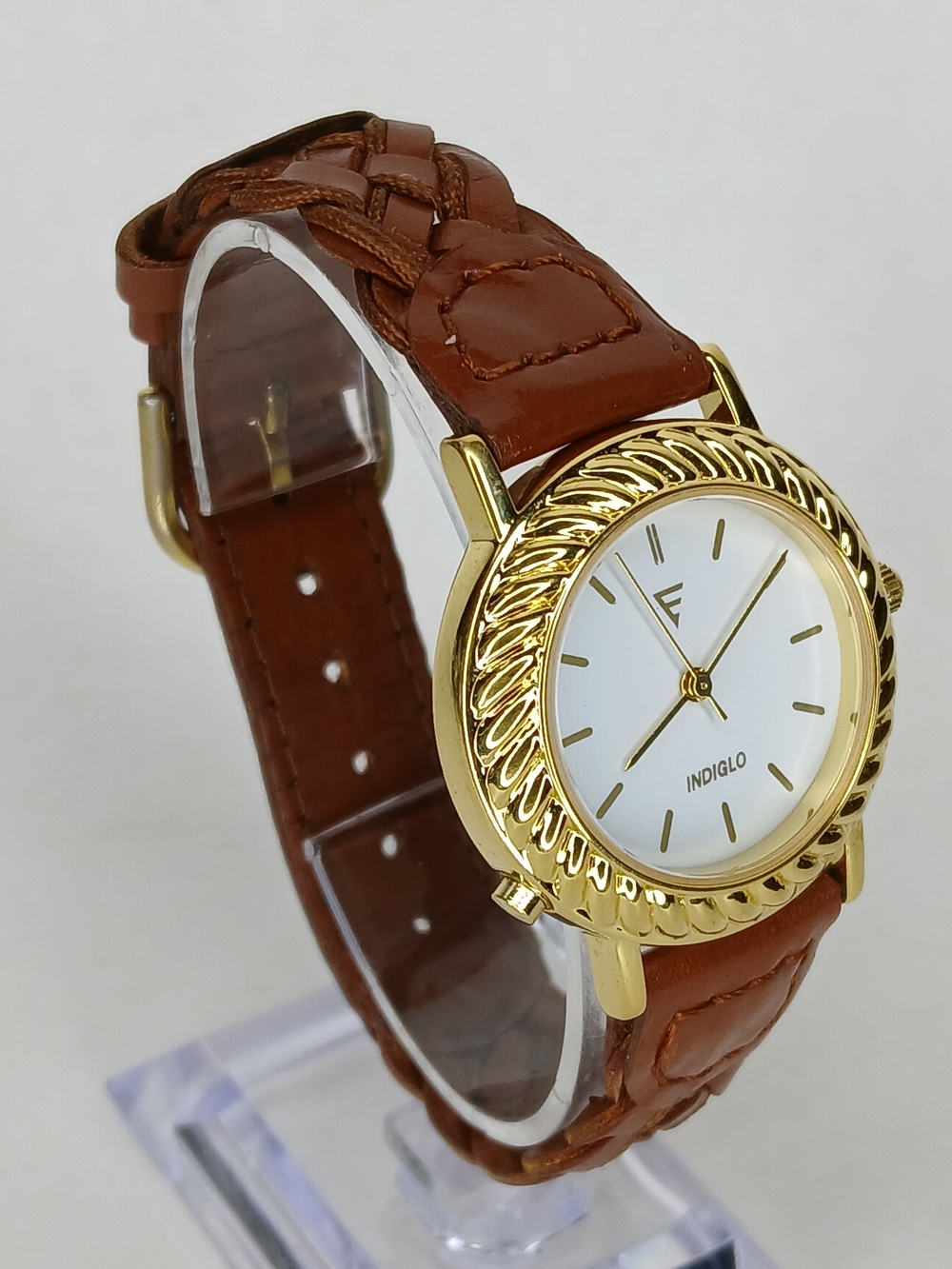 Vintage Timex Indiglo Womens Watch Gold Tone Rope Bezel Braided Brown Leather